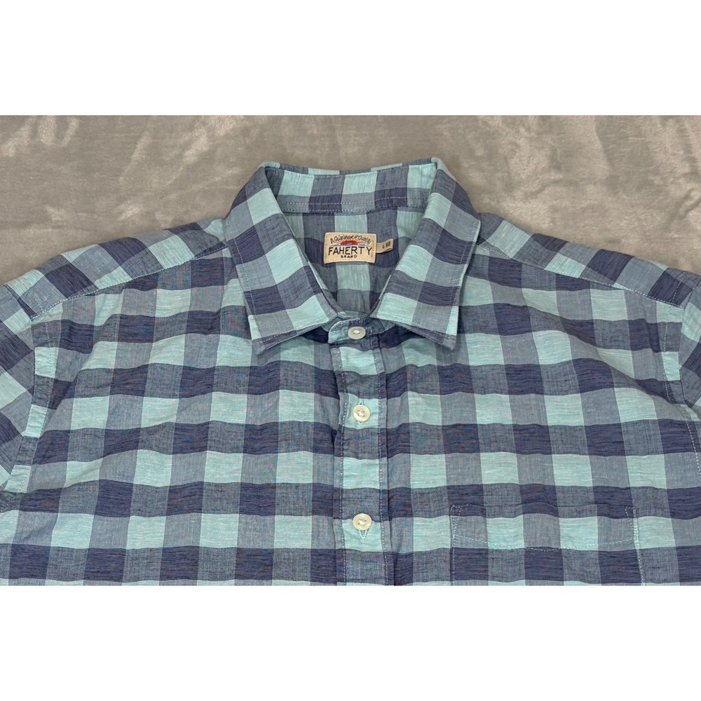 Faherty Mens Short Sleeve Button Down Shirt Linen Blend Large Plaid Summer